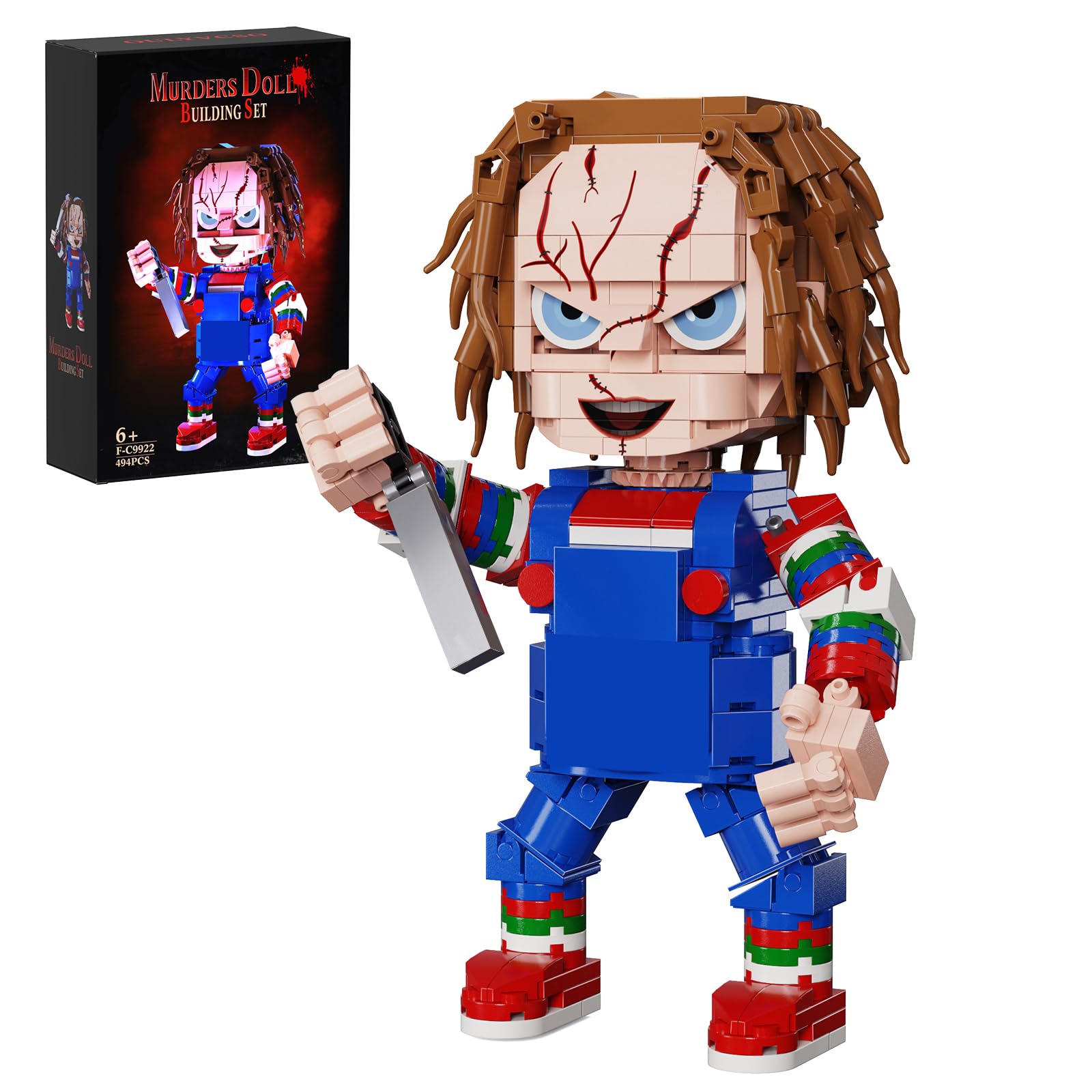 Photo 1 of Overalls Child Action Figures Building Block Sets, Blue Scared Doll Monster Horror Movie Model Toys, Compatible with Lego, Suitable for Halloween for Boys Grils Kids Age 6+ (494 PCS)