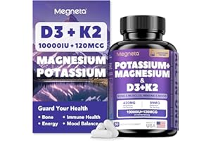 MEGNETA High-Potency Vitamin D3 10000IU K2 (MK-7) Potassium Magnesium Supplement - Advanced Synergistic Complex for Bone, Immune Health, Mood Balance & Energy Support