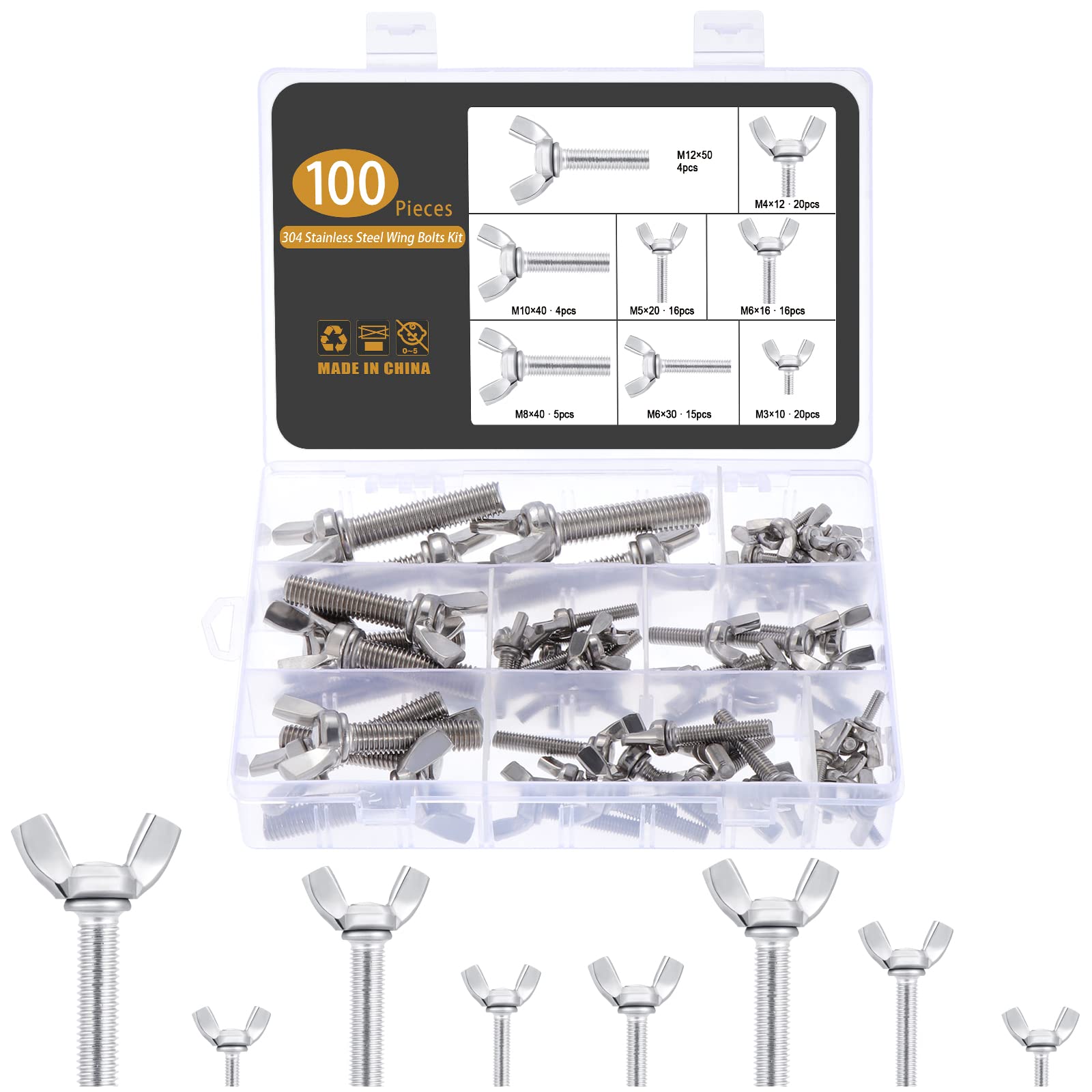 Gueenky 100Pcs Butterfly Wing Screws, M3 M4 M5 M6 M8 M10 M12 Wingnuts Butterfly Screws Wing Bolts Stainless Steel, 8 Sizes Wing Nuts Assortment Butterfly Bolts