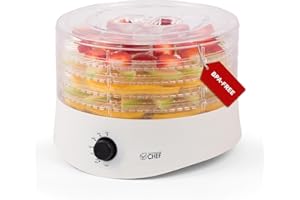 Commercial Chef Food Dehydrator, Five 9.25” BPA-Free Plastic Trays, Dehydrates and Dries Meat, Fruit, Veggies and Jerky, 280W Dehydration Machine, Adjustable Thermostat, CCD100W6, White