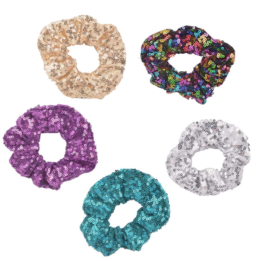 5Pcs Christmas Hair Scrunchies Sequin Christmas Hair Scrunchies Sparkly Glitter Elastic Hair Bands Scrunchy Hair Tie Ropes Bobbles Ponytail Holder Xmas Hair Accessories for Women Girls Random Color