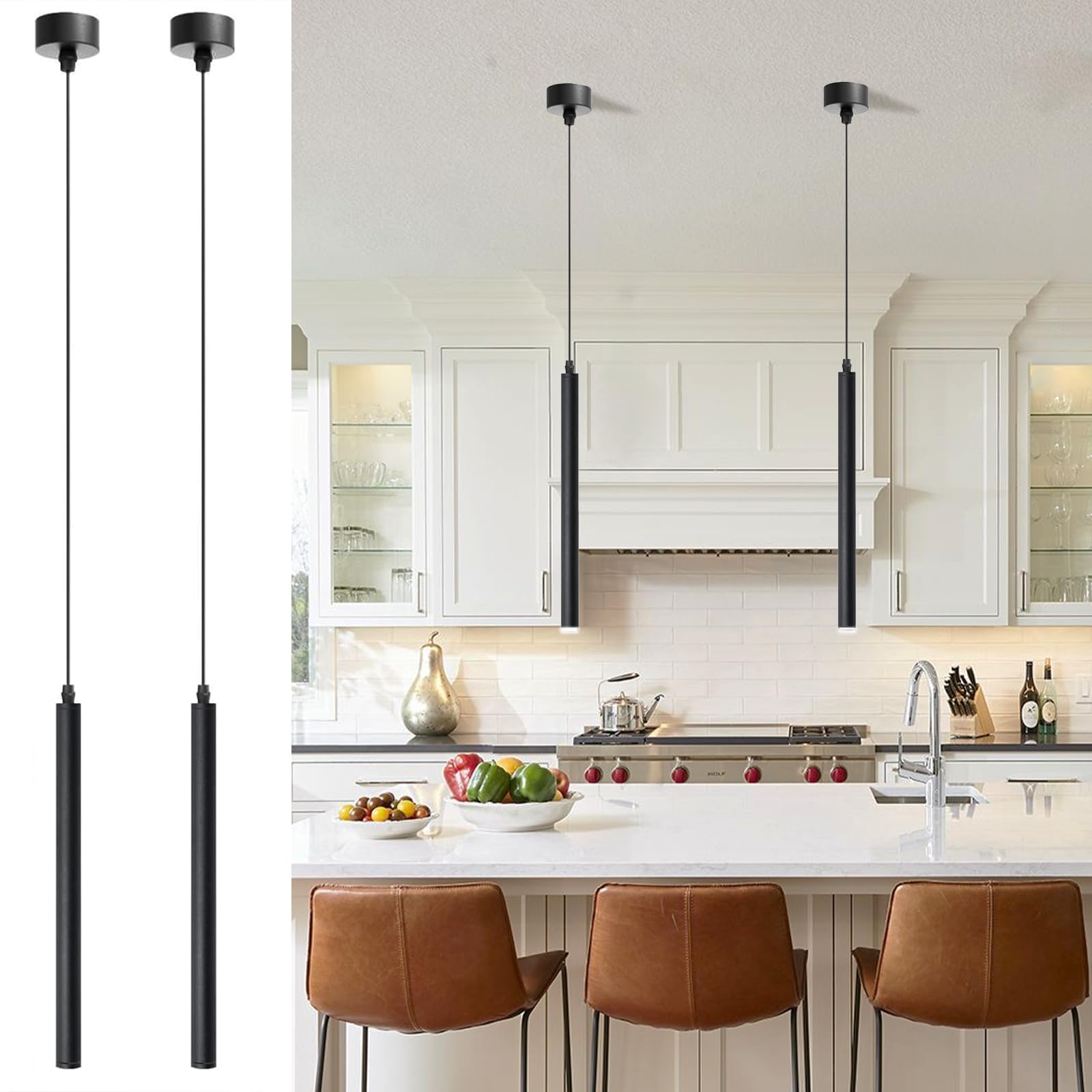 Photo 1 of *** PARTIAL SET** GCDFGV Pendant Lights Kitchen Island 2 Pack, Modern LED Pendant Light for Bedroom Bedside Table TV Background, Minimalist Black Pendant Light Fixture, Kitchen Island Light, Height Adjustable, 3000k