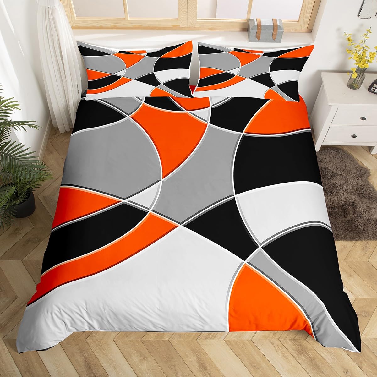 Orange Grey Black Bedding Set Retro Circle for Circle Geometric Comforter Cover Abstract Art Abstract Geometric Bedspread Cover Microfiber Decor 2Pcs Single