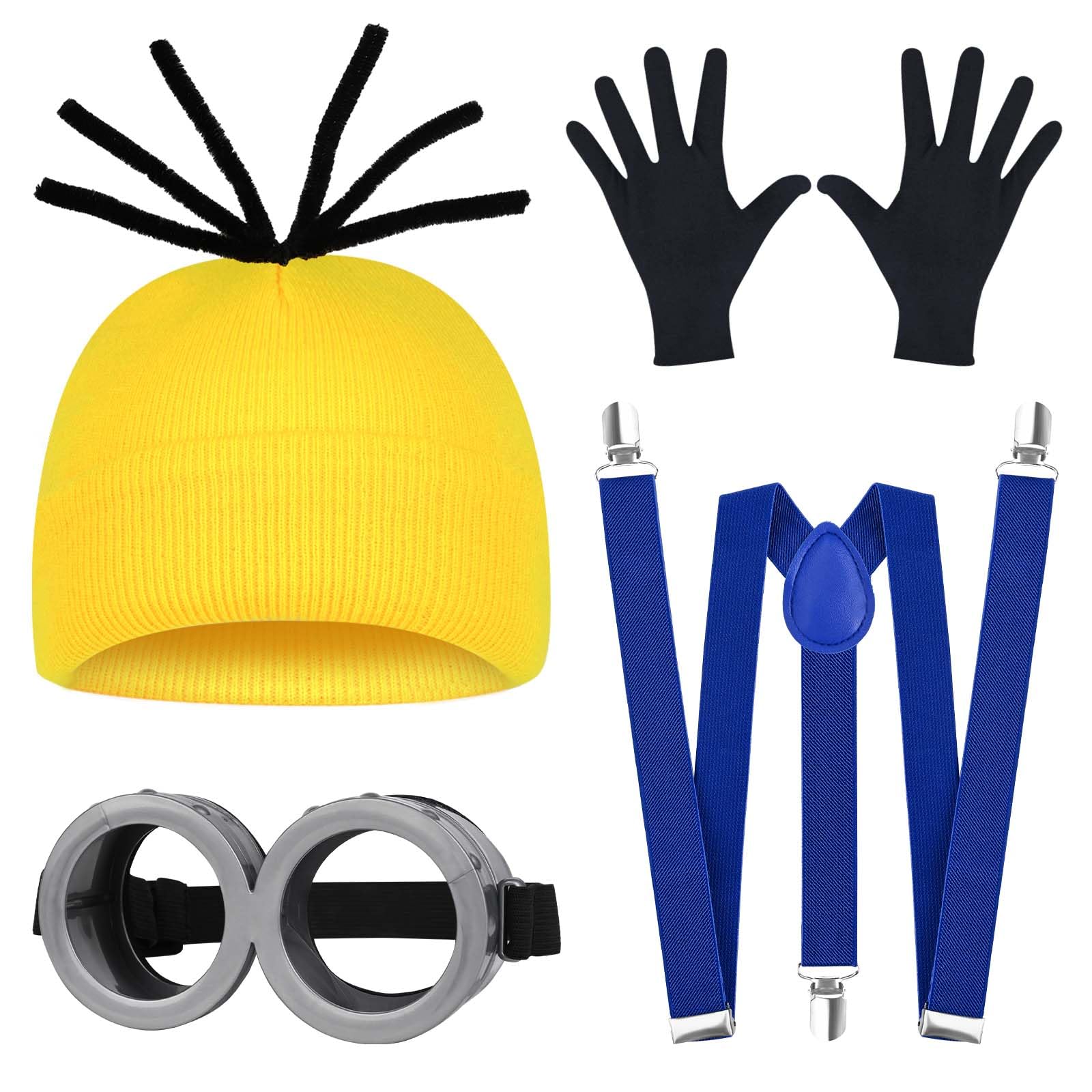 Bofeiya Set of 4 Pcs Steampunk Goggles Glasses Yellow Beanie Knit Hats Black Gloves Blue Harness for Christmas Halloween Costume Cosplay Party Supplies