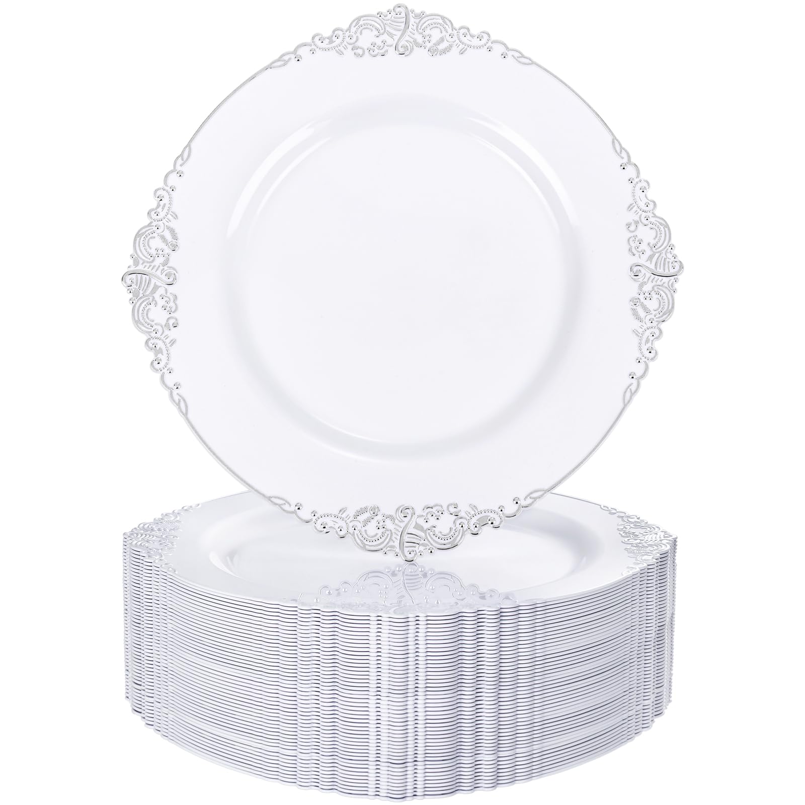 Nervure 100PCS White and Silver Plastic Plates - 10.25Inch Silver Disposable Plates - Heavyweight Dinner Plates for Wedding & Party Image