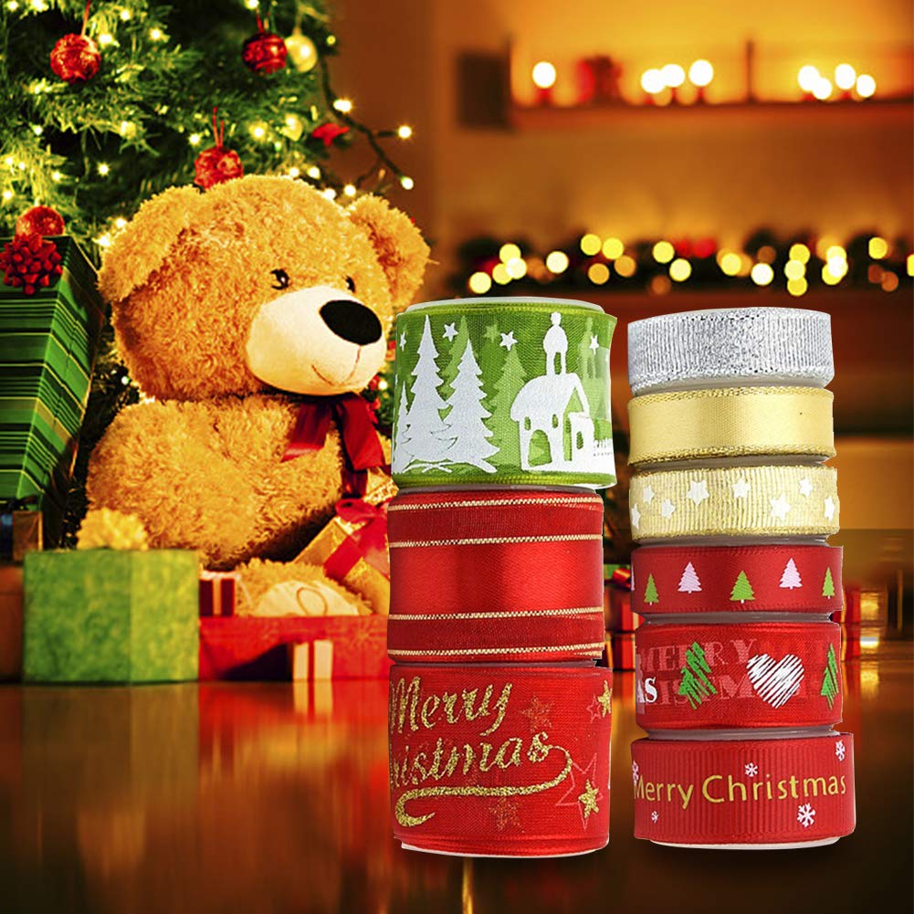 Pveath Christmas Ribbons 9 Rolls Red Silver Gold Green Gift Ribbons Grosgrain Ribbon Band Stripe Shiny Gift Cake Wrap Christmas Decor Ribbon Strap Trim Hair Band Sewing Ribbons