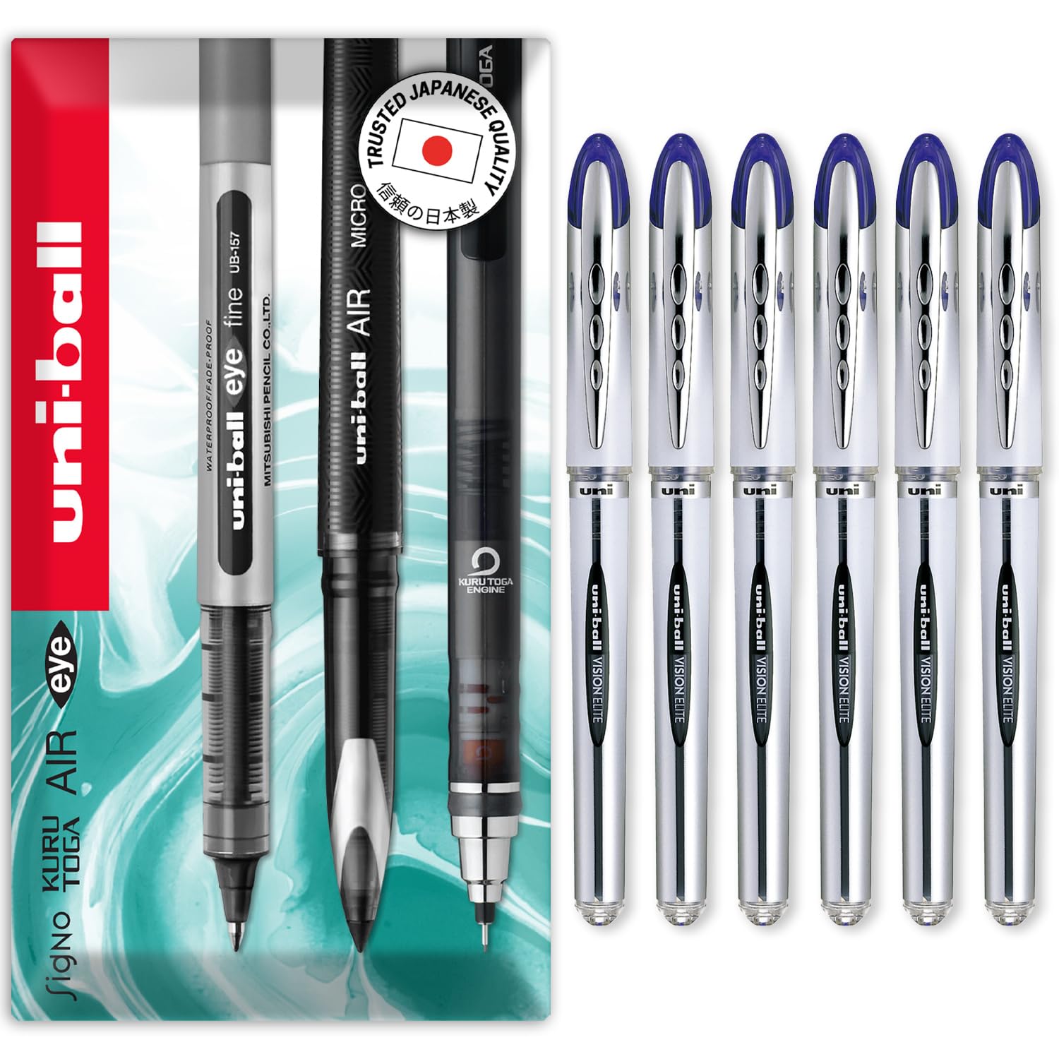 uni-ball Vision Elite - 0.8mm Nib Medium Rollerball Pen - UB-200 - In Envelope Gift Packaging (Pack of 6, Blue)