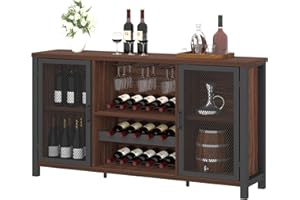 IBF Walnut Wine Bar Cabinet, Coffee Bar Cabinet for Liquor and Glasses, Metal Wood Sideboard Buffet Cabinet with Storage Rack, Liquor Bar Cabinet for Home Kitchen Dining Room Living Room, 55 Inch