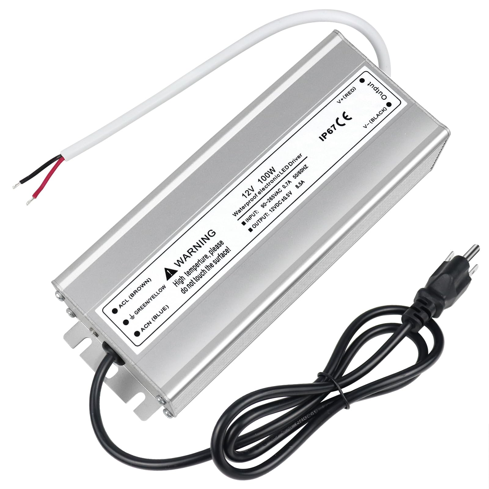 Photo 1 of LightingWill LED Driver 100 Watts Waterproof IP67 Power Supply Transformer, 90-265V AC to 12V DC Low Voltage Output, Adapter with 3-Prong Plug 3.3 Feet Cable for Outdoor Use, Computer Project