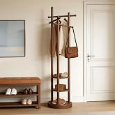 Vcalnil Coat Rack Freestanding, Solid Wood Coat Tree with 6 Hooks and 3 Storage Shelves for Bedroom, Entryway Living Room, Office, Corner Hanger Stand for Purse, Bag, Jacket, Hat