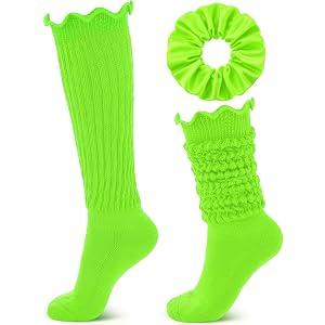 Tivi Tovo Ruffle Neon Slouch Socks with Scrunchies for Women, 80s 90s Neon Soft Scrunch Knee High Socks for Party