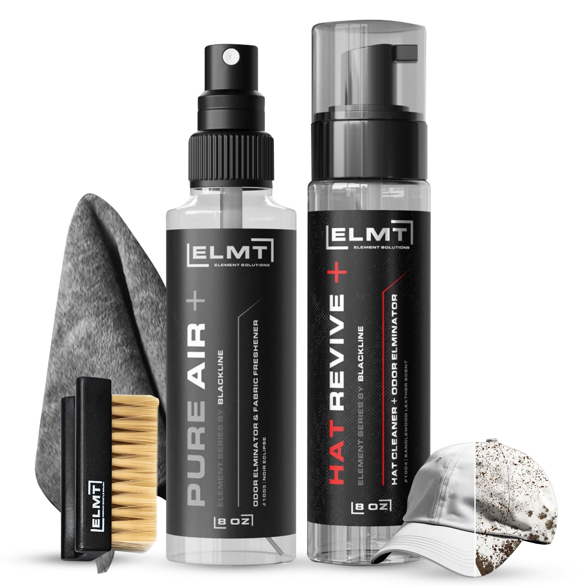 Photo 1 of Blackline ELMT Hat Cleaning Kit — Quick-drying, US-Made, Cleans 50+ Hats — Hat Cleaner for Baseball Caps of all Materials Cotton, Wool, Leather, Felt and more (8oz Solution, Deodorizer, Towel & Brush)