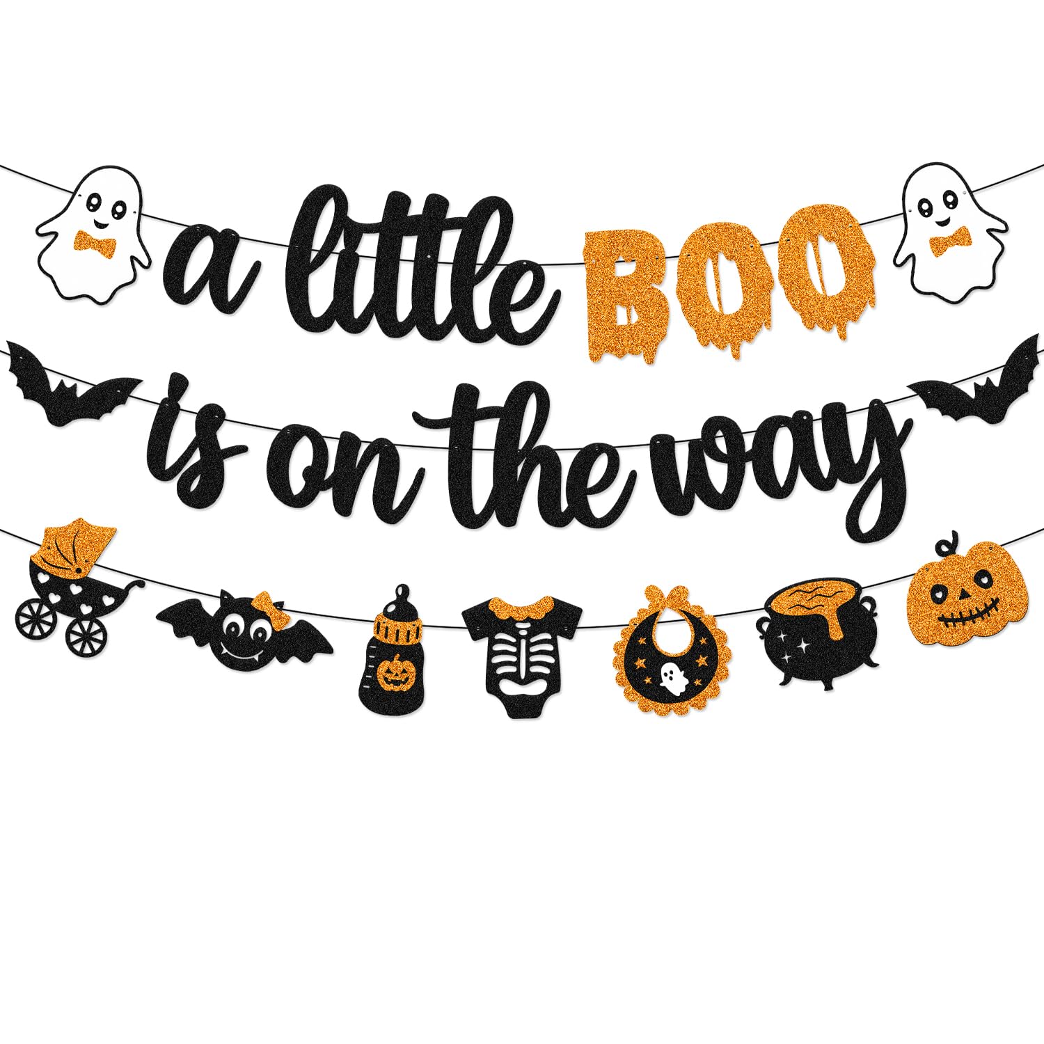 Photo 1 of A Little Boo is on the Way Banner Halloween Baby Shower Banner Glitter Black Orange Ghost Bats Theme Gender Reveal Party Decorations Halloween Baby Shower Party Supplies