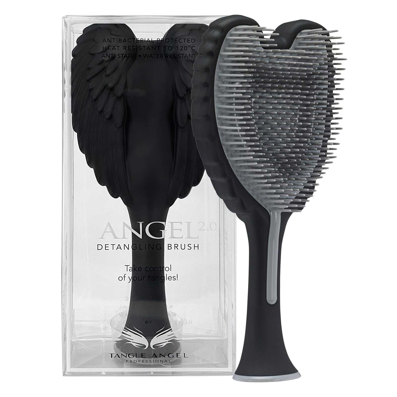 Hair Extension Brush - Anti Static Soft Bristle Paddle Brush for Straight or Wavy Hair - Angel Wings Shower & Blow Drying Detangler Hairbrushes for Women by Tangle Angel - Matt Black