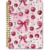 JKMBN Trendy Coquette Pink Bow Cherry Journaling Notebooks, Preppy Spiral Notebook, Cute Notebook Journal for Girls, Pink Office Supplies, Hardcover Spiral Lined Notebook 5.5 x 8.3