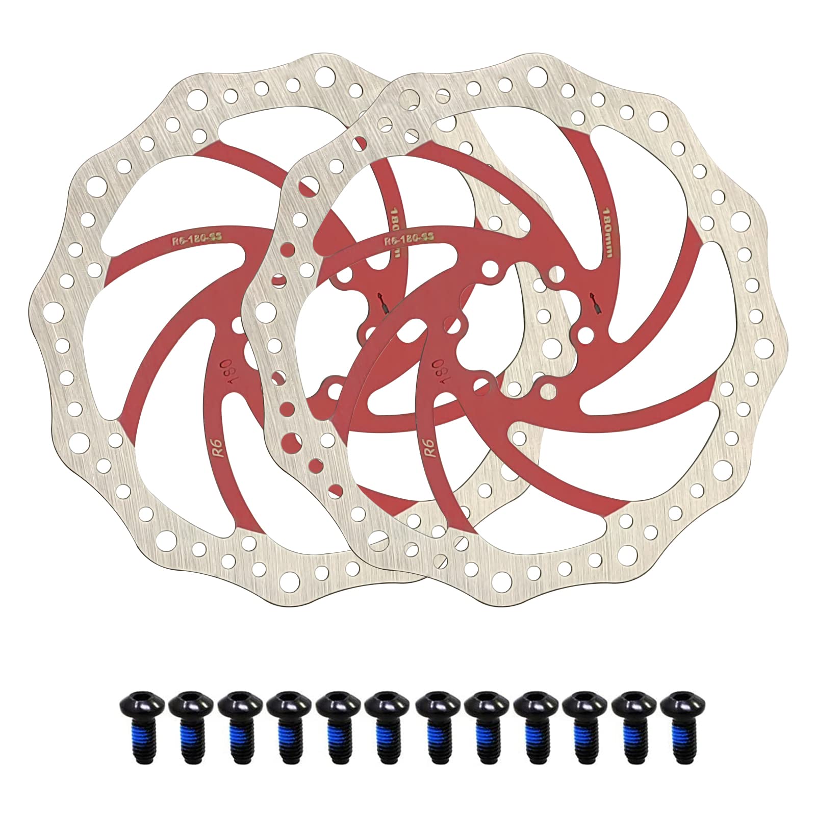 Jane Eyre Pack of 2 Bicycle Brake Discs 140 mm/160 mm/180 mm/203 mm with 12 Screws for Most Bicycles, Road Bikes, Mountain Bikes BMX, MTB (Red 180 mm)