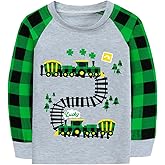 CM-Kid Toddler Boys Girls St Patricks Day Shirts Clover Dino Tractor Irish Green Plaid Sleeve Tshirt for Kids Tops 2-7 Years