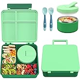 Bento Lunch Box with 8oz Soup Thermo, Kids Leakproof Lunch Food Containers with 4 Compartment, Kids Thermo Insulated Hot Food Jar for School, Trvael-Green
