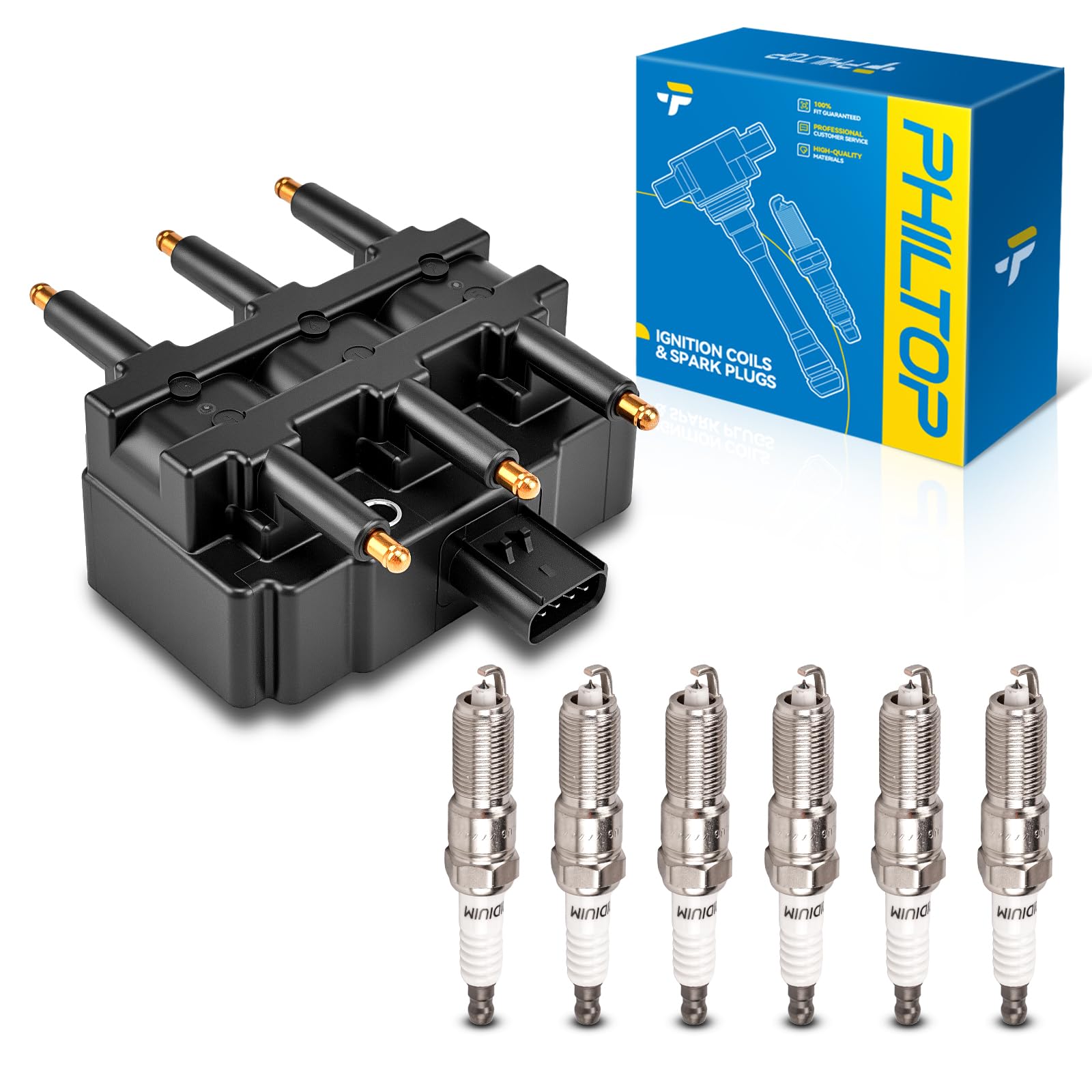 Photo 1 of PHILTOP Ignition Coil Pack and Iridium Spark Plugs Fits for Dodge 2001-2010 Grand Caravan 3.8L/3.3L, 2001-2007 Caravan, Chrysler 2001-2010 Town & Country 3.8L/3.3L, Jeep 2007-2011 Wrangler, 1PCS UF305
