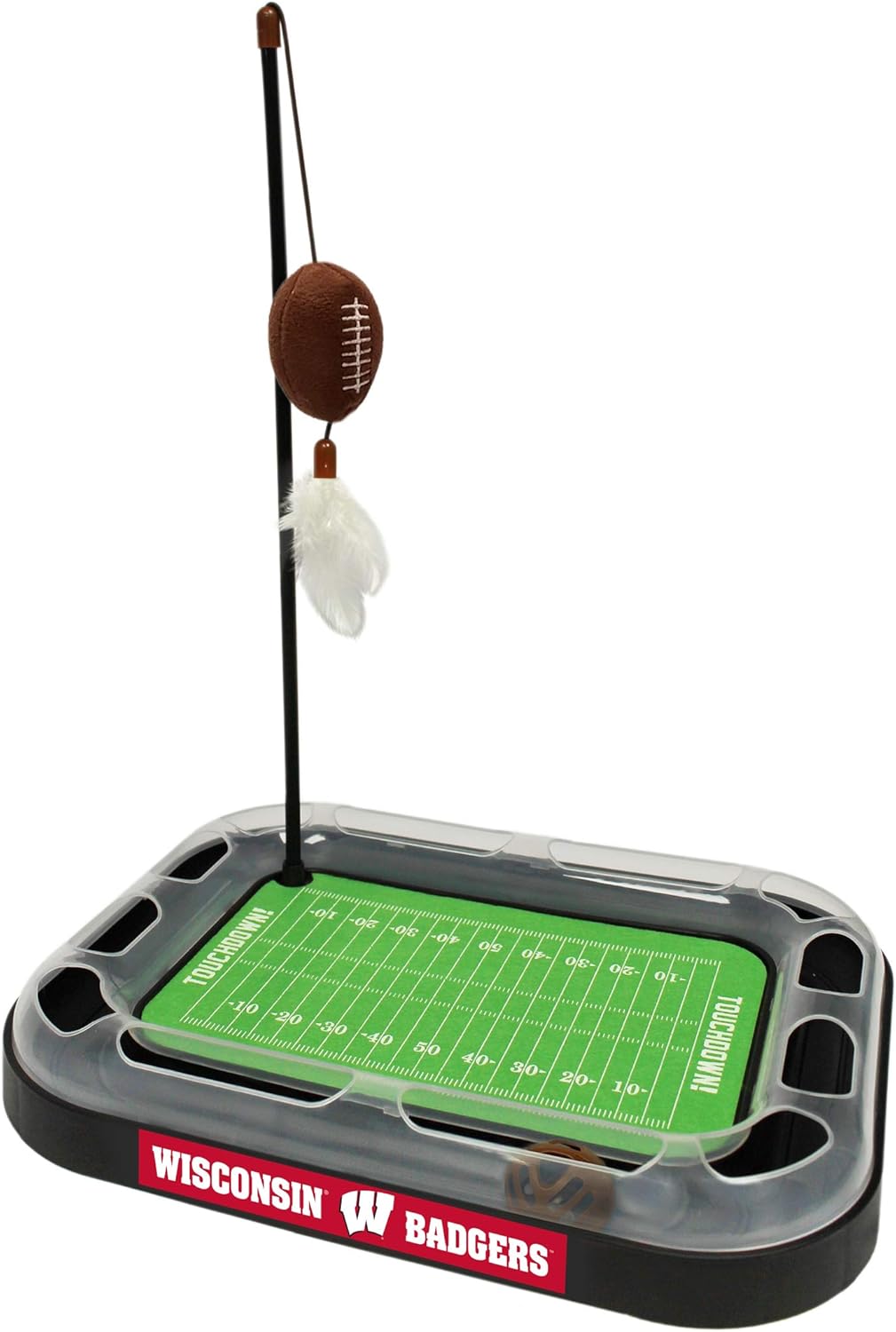 Cat Scratching Toy NCAA WISCONSIN Badgers Football Field Cat Scratcher Toy with Interactive Cat Ball Bell in Tracks. 5-in-1 CAT TOY: Cat Wand Poll with CATNIP FILLED Plush Football & Feathers.