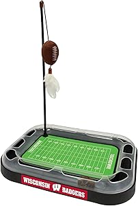 Cat Scratching Toy NCAA WISCONSIN Badgers Football Field Cat Scratcher Toy with Interactive Cat Ball Bell in Tracks. 5-in-1 CAT TOY: Cat Wand Poll with CATNIP FILLED Plush Football & Feathers.