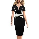 VFSHOW Womens 2024 Business Work Office Crew Neck Front Zipper Pockets Buttons Elegant Vintage Retro Bodycon Dress