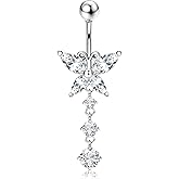 Jstyle G23 Titanium Dangle Belly Button Rings for Women 14G Belly Ring Dangling Piercing Jewelry with Butterfly CZ Hypoallergenic Navel Piercing Ring Silver Plated