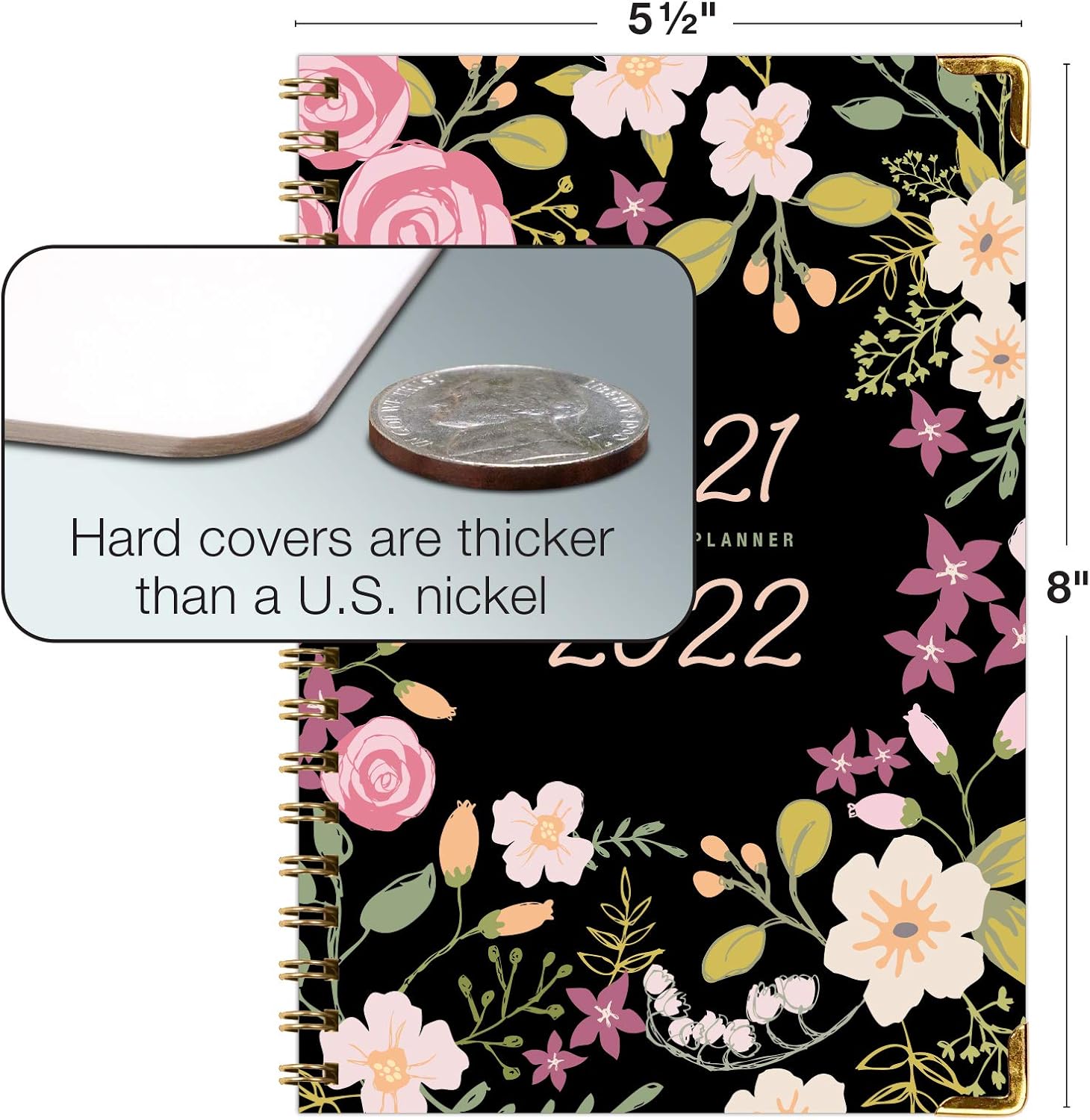 HARDCOVER Academic Year 2021-2022 Planner: (June 2021 Through July 2022) 5.5"x8" Daily Weekly Monthly Planner Yearly Agenda. Bookmark, Pocket Folder and Sticky Note Set (Black Floral) : Office Products