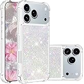 LEMAXELERS Glitter Case for iPhone 17 Pro Max Clear Flowing Liquid Quicksand Sparkly Bling Soft TPU Bumper Shockproof Protective Phone Cover for Apple iPhone 17 Pro Max 6.9 inch. YBL Love Silver Pink