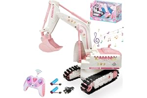 Kodbiby Pink RC Excavator, 6 Channel 2.4Ghz RC Construction Vehicle,1:24 Scale Pink Excavator Toy with 360° Rotation, Light Sound and DIY Stickers Birthday Gift for Teens Adults (2 Battery)