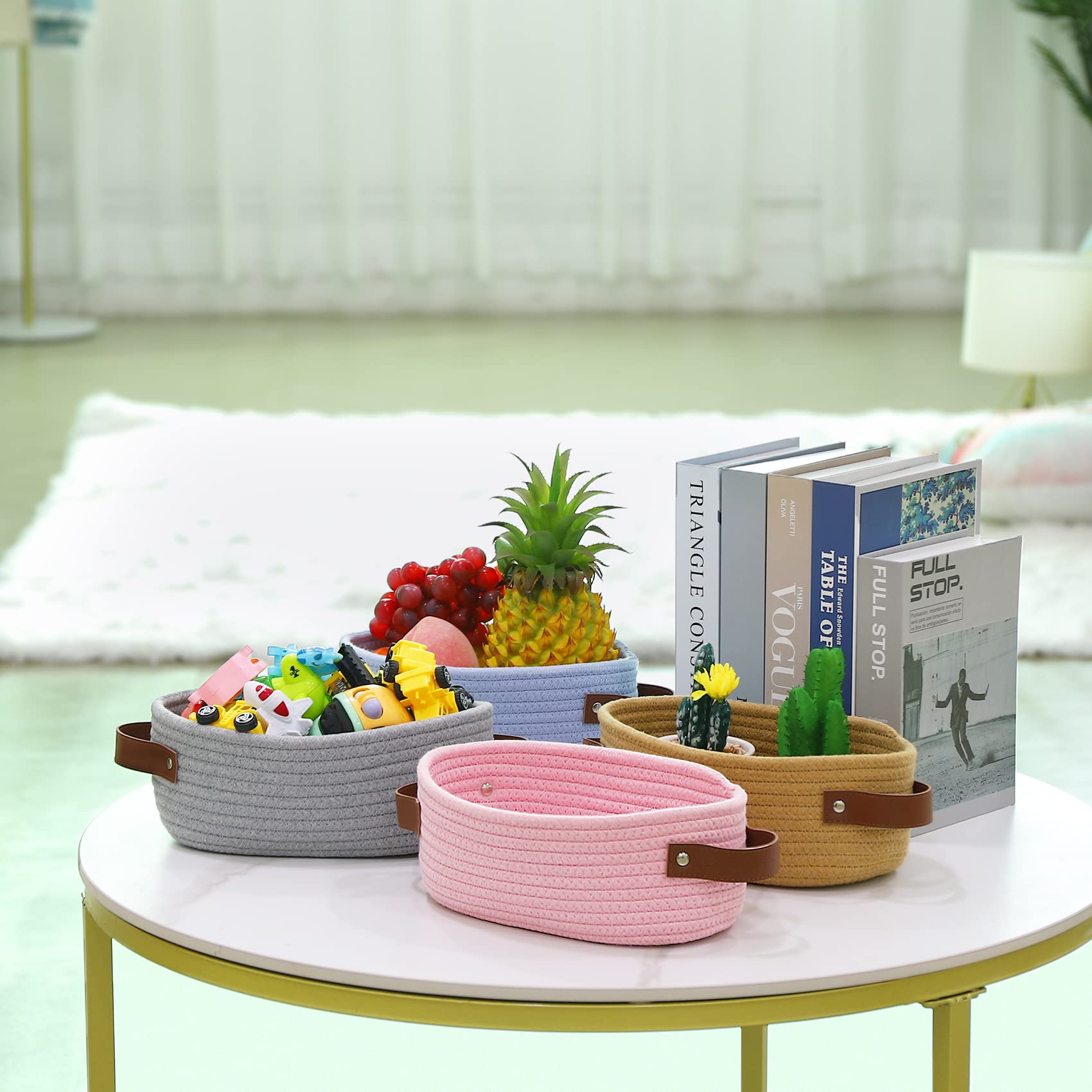 ABenkle Small Woven Basket, Mini Cotton Rope Storage Basket, Tiny Easter Basket, Shelf Basket, Oval Decorative Toy Dog Cat Basket for Nursery, Empty Gift Basket, 9.4