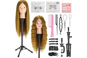 TWOWIN Mannequin Head Human Hair, 90% Human Hair with Tripod Stand, 23" Makeup Mannequin Cosmetology Manikin Practice Doll Head with Stand, Face Gems, Braiding Hairdressing Head for Hair Styling with Table Clamp + DIY Hair Styling Set