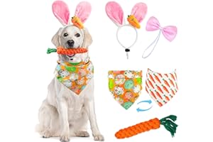 MIDUFRRY 4 PCS Easter Dog Costumes Cute Bunny Ears Headband Reversible Eggs Puppy Bandana Bowtie Pink Easter Outfits for Small Medium Large Dogs Funny Carrot Rope Chew Toys Birthday Party Accessories