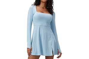 SUHK ASANA Square Neck Long Sleeves Tennis Dress One Piece Exercise Dress with Built-in Bra
