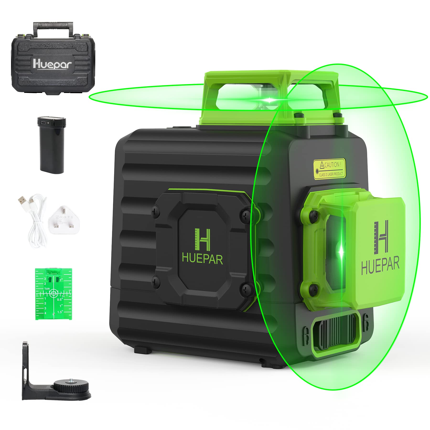 Huepar 360 Laser Level, Green 3D Lazer Level Self Levelling, 3 x 360 Cross Line with Pulse Mode, Rechargeable Li-ion Battery, Magnetic Bracket, IP54 for Construction, Tiling & DIY Home Improvement