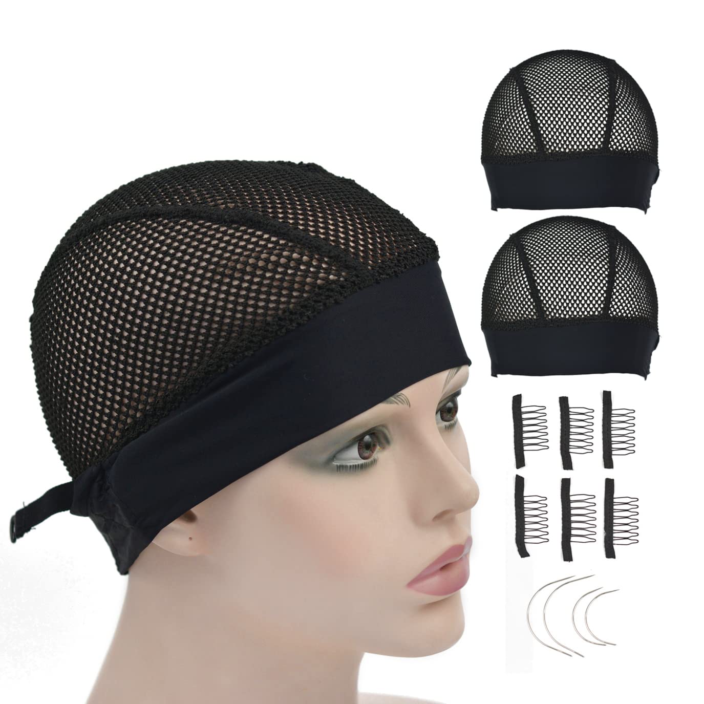 Photo 1 of 2 Pcs Headband Wig Caps Adjustable Big Hole Mesh Wig Grip Cap Ice Silk Material for Making Headband Wigs (Big Hole Caps)
