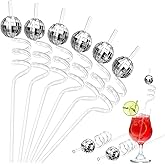 Chengu 24 Sets Disco Party Decorations, 70s Disco Ball Straw, Glitter Mirror Ball and Silver Plastic Straws for 1970s Retro Theme Bachelorette Party Decorations Birthday Supplies