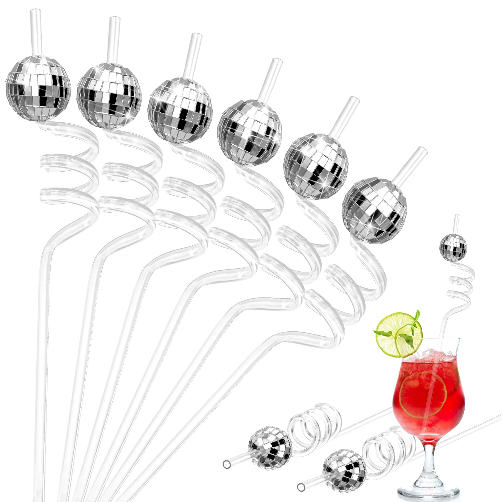 Photo 1 of Chengu 24 Sets 70s Disco Ball Straw Glitter Mirror Disco Ball and Silver Plastic Bride Straws for 1970s Retro Theme Bachelorette Party Decorations Birthday Supplies