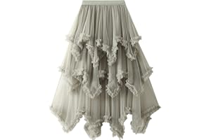 IMISSILLEB Women's Tulle Skirt Asymmetrical Pleated Elastic High Waist Layered Tutu Skirt Casual Cocktail Party A-Line Mesh Midi Skirt