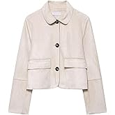 Xunger Women's Retro Faux Suede Bomber Jacket Cropped Lapel Coat Button Front Pockets Casual Streetwear Oversized Outerwear