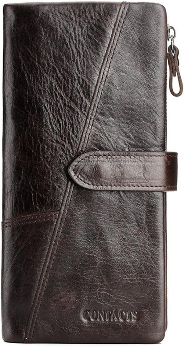 CONTACTS Mens Leather Wallet Purse with Zip Pocket Womens Secretary Phone Pocket Long Wallet (Coffee)