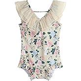 SEEFOR 2026 Premium Girls One Piece Swimsuit, Floral Print Ruffle V-Neck Sleeveless Backless Bathing Suit for Kids
