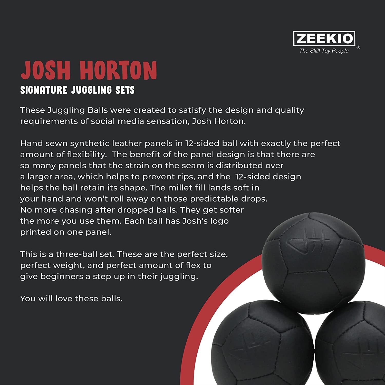 Zeekio Josh Horton Pro Series Juggling Balls - 12-Panel, Synthetic Leather - Set of 3