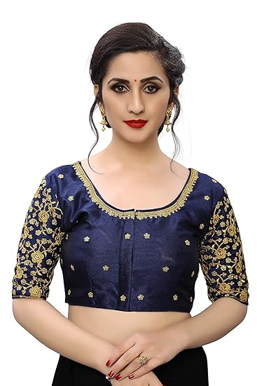 Women's Multicolor Flower Embroidery Sleeves Design Silk Readymade Blouse For Saree and Lehenga Choli