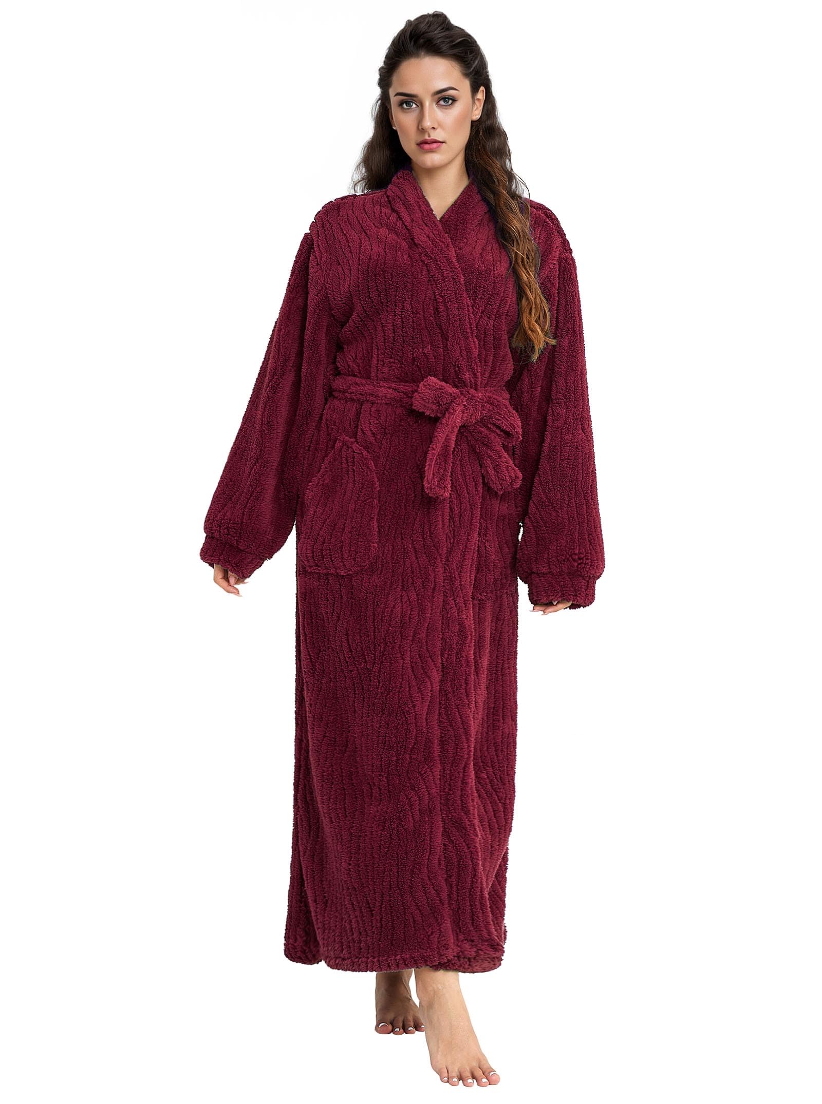 Artfasion Womens Long Fleece Robe - Warm Soft Floor Length Flannel Bathrobes for Winter Thicker Long House Coat with Pockets (Wine Red, L-X-Large) Image