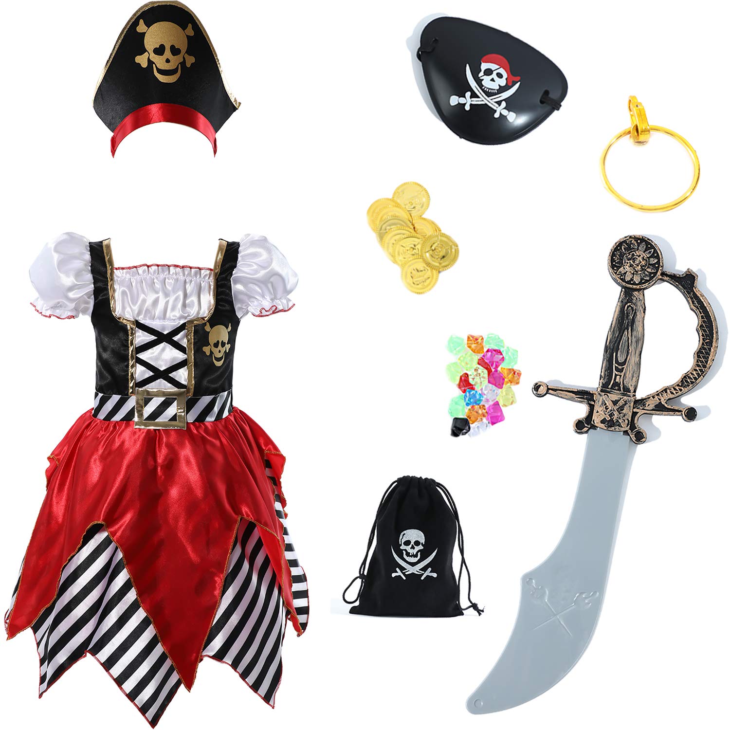 Deluxe Girls Pirate Princess Dress With Sword, Pouch, Eye-patch and Hat - 3-4 Years