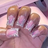QQPPOLIU Short Press on Nails Square Nails with Rhinestone Design French Tips Cute Nails Press on Fake Nails for Girls(Pink &amp; Silver)