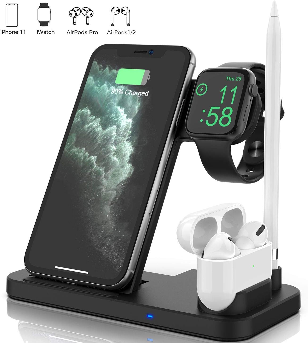 Updated Version 4 in 1 Wireless Charger, Apple Watch & AirPods & Pencil Charging Dock Station, Nightstand Mode for iWatch Series 5/4/3/2/1, Fast Charging for iPhone 11/11 Pro Max/XR/XS Max/Xs/X/8/8P