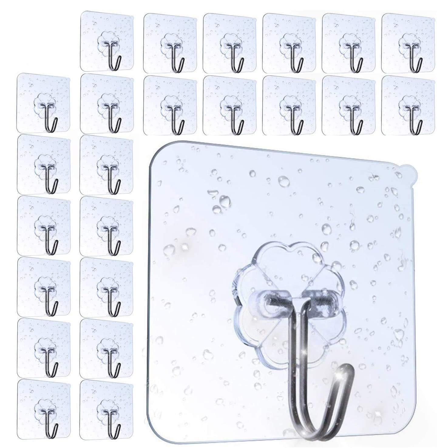 AOMEES Heavy Duty Adhesive Hooks 8kg (Max) 24pcs - Self Adhesive Wall Hooks for Kitchen, Bathroom, Hanging Utensils, Towels, Keys, Cups and More