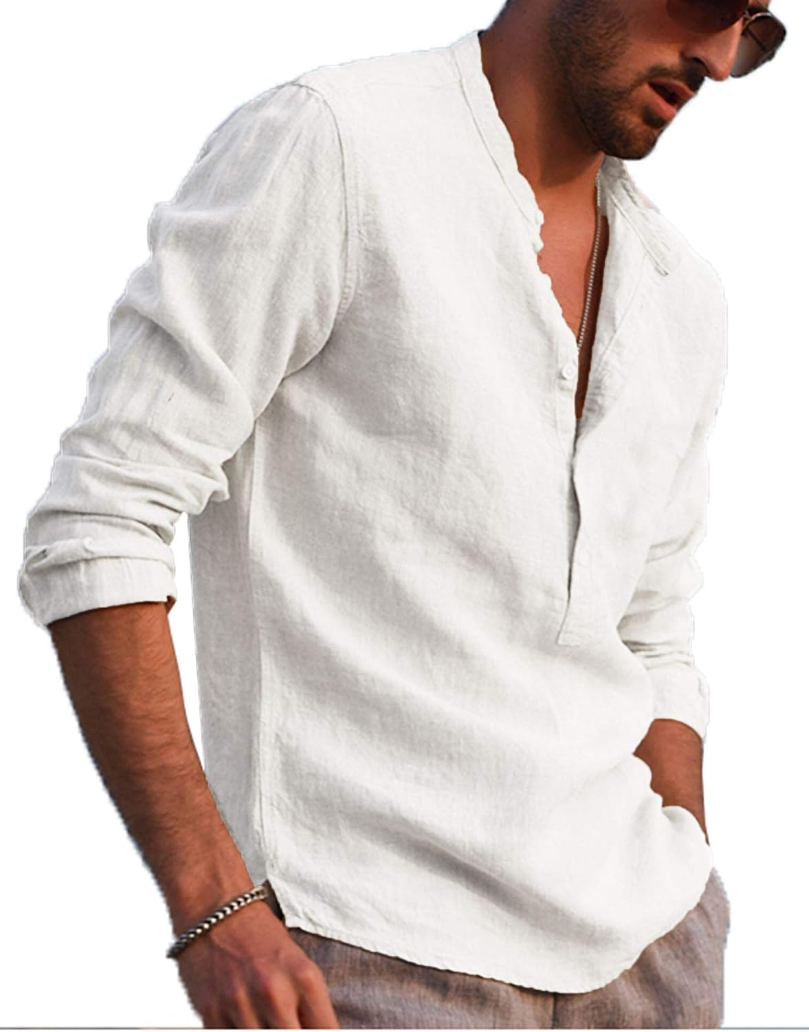 LecGee Mens Cotton Linen Henley Shirt 